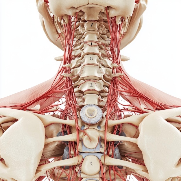 Photo human cervical spine anatomy labeled nerves and detailed diagram