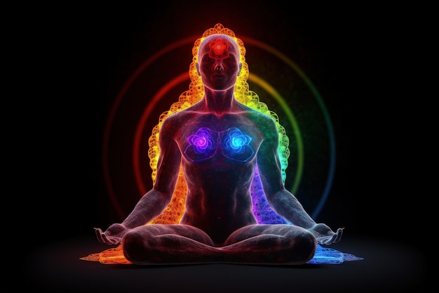 Human chakra buddhism meditating Refers to energy points in your body Chakra therapies yoga healing Disks of spinning energy to certain nerve bundles and major organs Generative AI