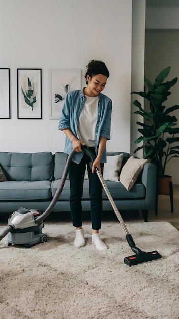 Human cleaning carpet in the living room using vacuum cleaner at home