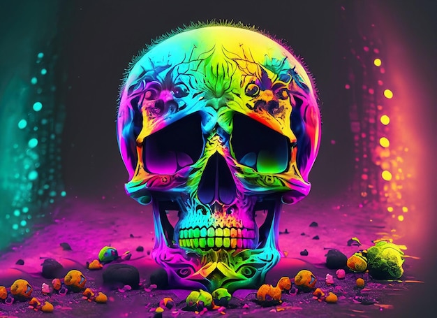 Human colorful skull on dark background Day Of The Dead