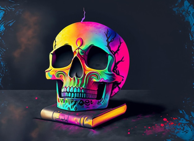 Human colorful skull on dark background Day Of The Dead