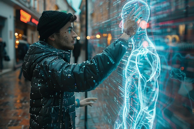 Photo human communicating with a holographic ai system depicting the integration of artificial intelligence into daily life