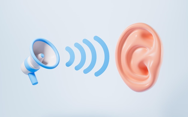 Photo human ear hears sounds sound wave 3d rendering