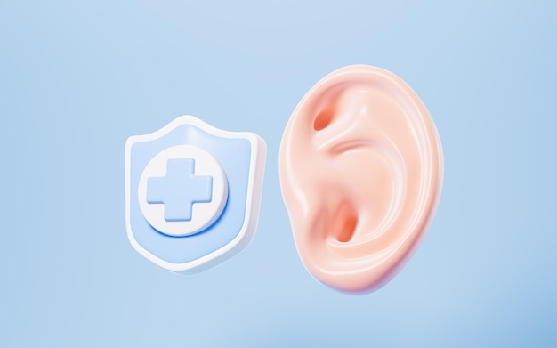 Photo human ear and shield ear protection 3d rendering