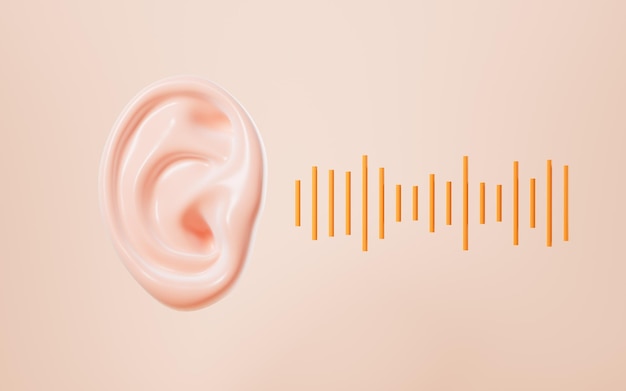 Photo human ear and sound wave 3d rendering