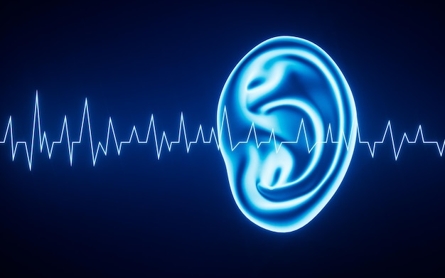 Photo human ear and sound wave 3d rendering