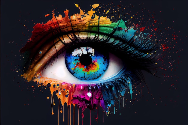 Human eye close up with colorful paint ink splashes and drips Generative AI