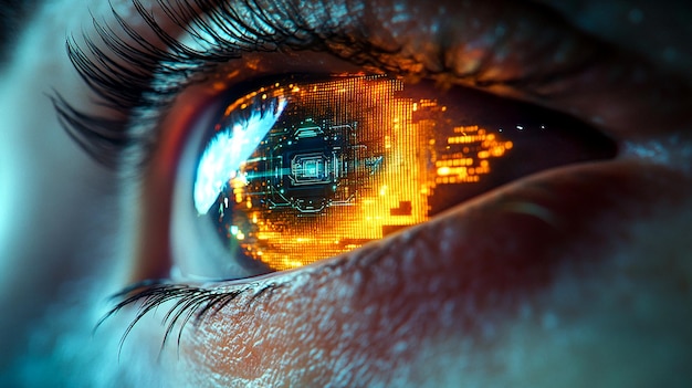 Photo human eye reflecting futuristic digital lights and technology