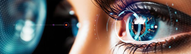 Photo human eye with hologram surveillance and digital id verification or lasik vision laser correction