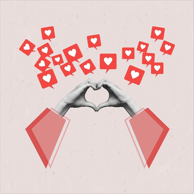 Human female hands in red sleeves showing a heart shape and like symbols from social networks