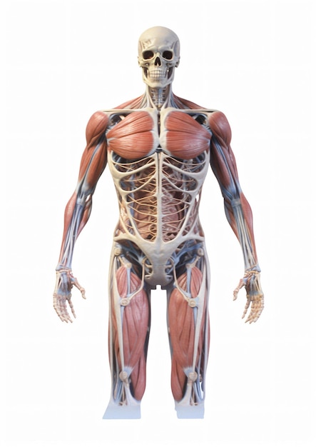 A human figure with a skeleton that has the muscles labeled with the body.