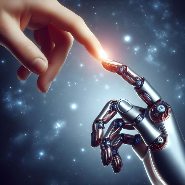 The human finger delicately touches the finger of a robots metallic finger Concept of harmonious AI