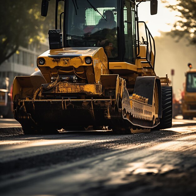 Photo human finger pointing at road construction machinery