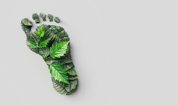 Human footprint with a green plant pattern isolated on a gray background Earth Day