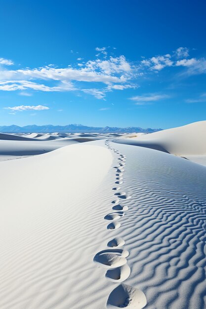 Human FOOTPRINTS on white sand AI generative