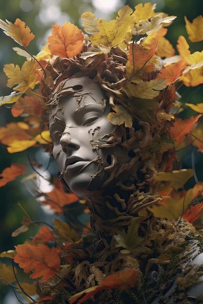 Human god fave head is covered in a leafy design fantasy design spirits of the forest