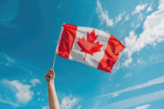 Human hand arm waving Canadian flag against blue sky Celebrating national Canada Day