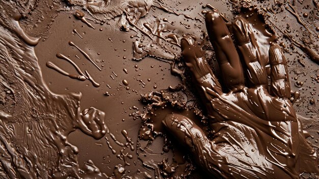 Human hand covered in melted chocolate spreading it on surface