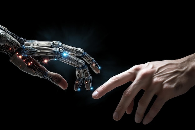 The human hand and the cyborg hand are reaching towards each other