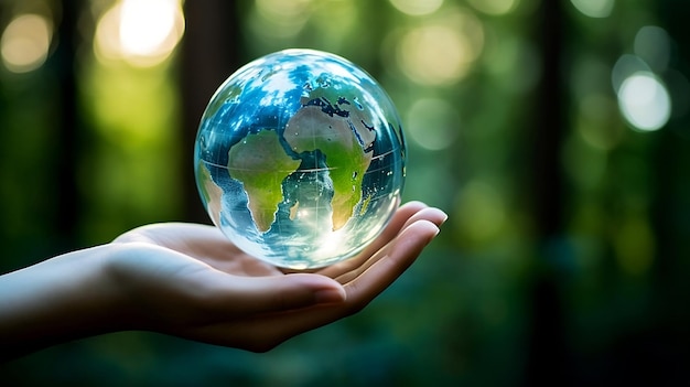 Human Hand Delicately Holding Transparent Globe Symbolizing Environmental Conservation