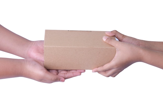 Human hand giving cardboard box isolated over white background