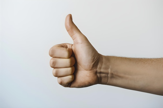 Human hand giving thumbs up gesture plain white background focuses on hand