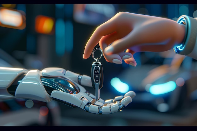 Human hand handing over the car keys to artificial intelligence robot Automotive marketing High