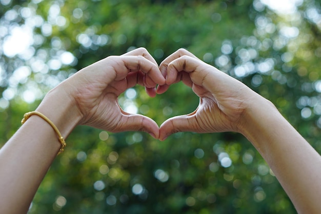 human hand heart green bokeh background