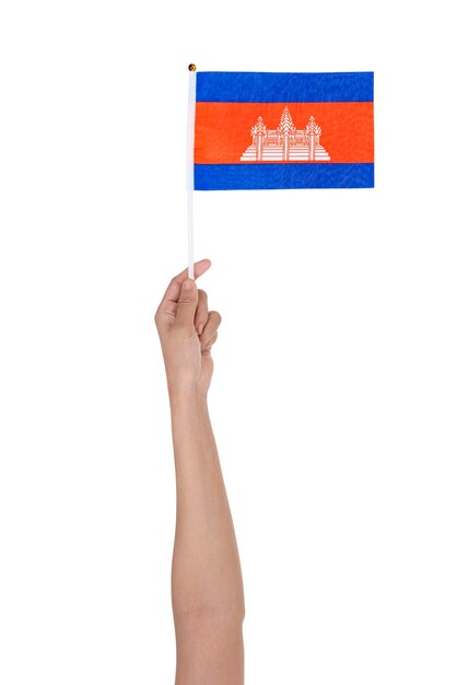 Human hand holding Cambodia's national flag