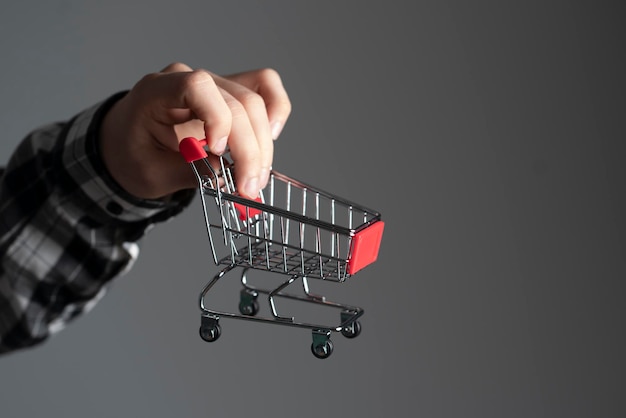 A human hand holding an empty shopping cart as the symbol of online shopping and ecommerce