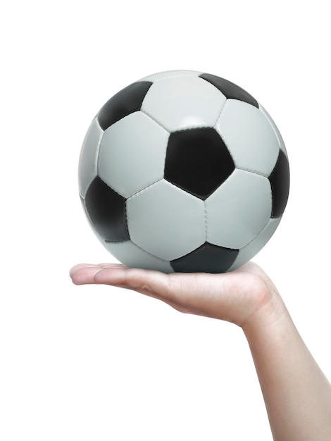 Human hand holding a football isolated on a white background