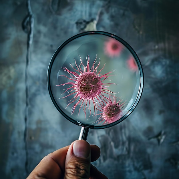 Photo human hand holding a magnifying glass on the background of the virus