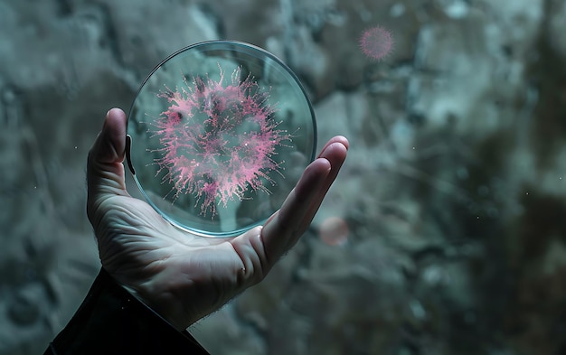 Photo human hand holding a magnifying glass on the background of the virus