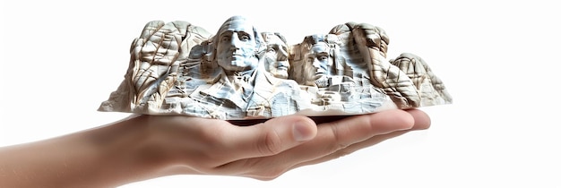 Photo human hand holding the mount rushmore national memoriala famous carved monument on a rocky mountainisolated on a clean white background