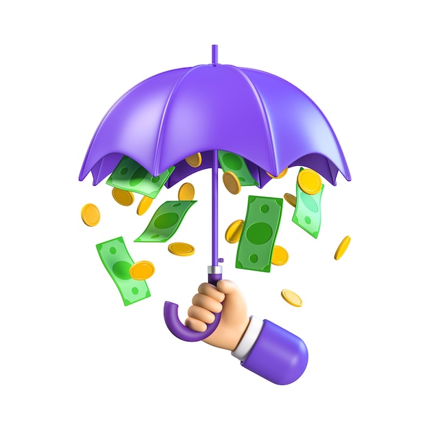 Human hand holding umbrella with full money and coins Concept of attraction coins Financial metaphor revealing the concept of cashback and safe money 3d render