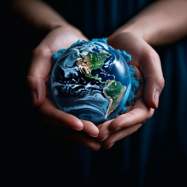 Photo a human hand holding a vibrant blue earth