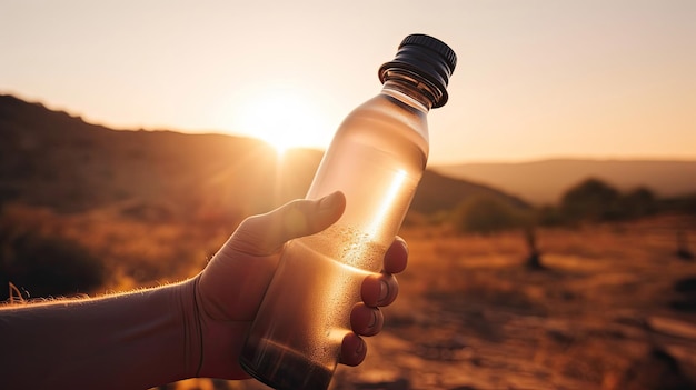 Human_hand_holds_a_water_bottle_against_the_sunset with Generative AI Technology