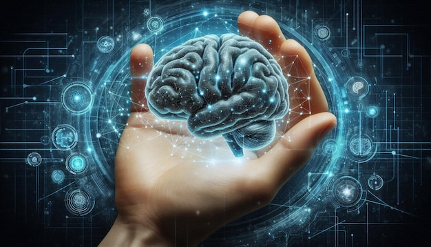 a human hand holds a brain with the brain in the background