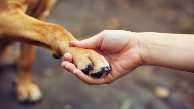 A human hand holds a dogs paw symbolizing the bond between man and animal