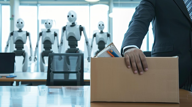 Photo a human hand holds an open cardboard box filled with office supplies while three humanoid robots dressed in business attire stand behind observing intently