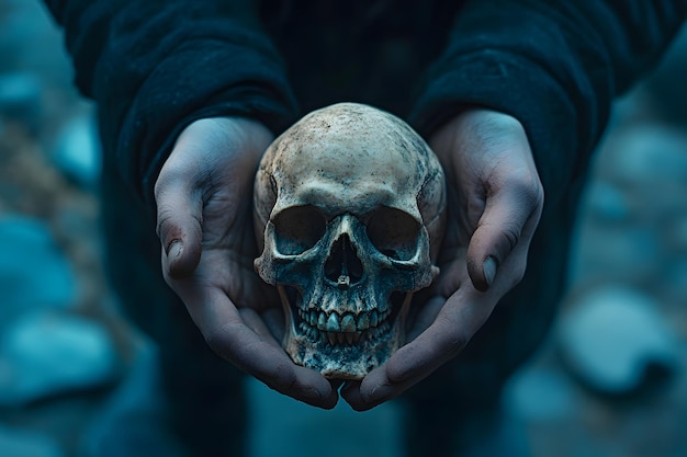 a human hand holds a skull with the word skull on it