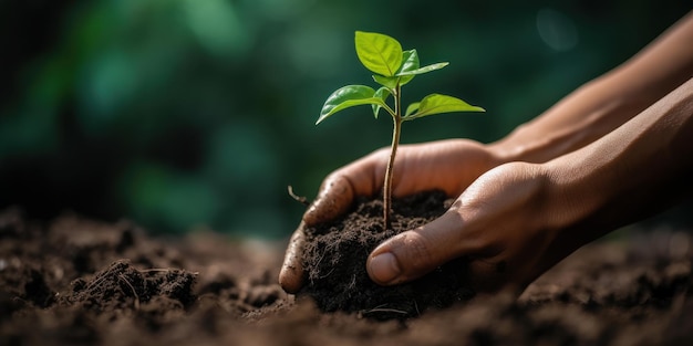 Human hand planting a tree World environment day concept Generative AI