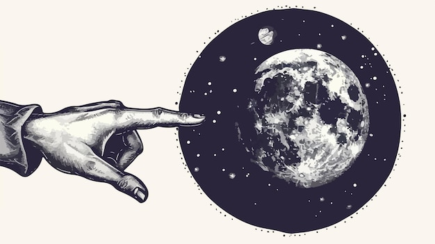 Photo human hand pointing at moon in space handdrawn vector