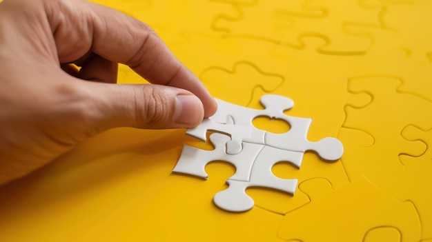 Photo human hand putting a white paper puzzle isolated on yellow background generated ai image