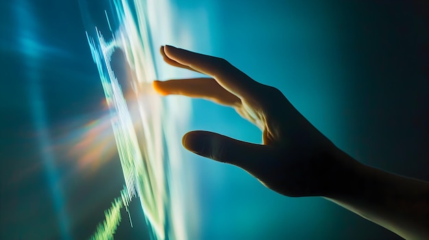 Photo human hand reaching towards digital hologramsymbolizing technological transformation