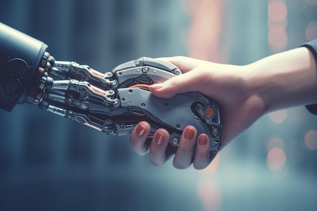 The human hand shakes the robots hand robotization generated by ai