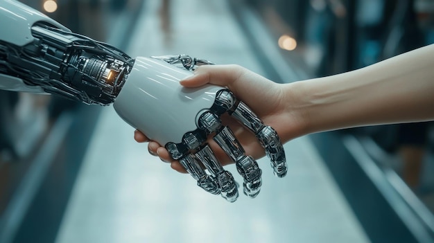 Photo human hand shaking hands with aipowered robotic hand symbolizing humanai collaboration concept