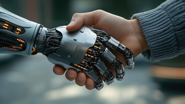 Photo human hand shaking hands with aipowered robotic hand symbolizing humanai collaboration concept