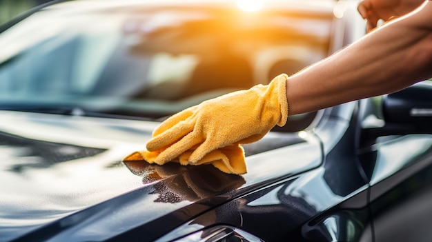 Human hand showing clean up and wash the car