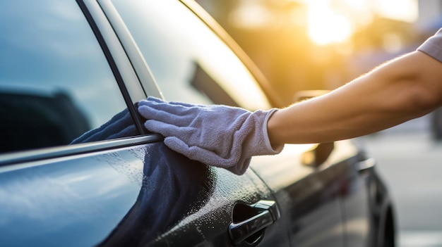 Human hand showing clean up and wash the car